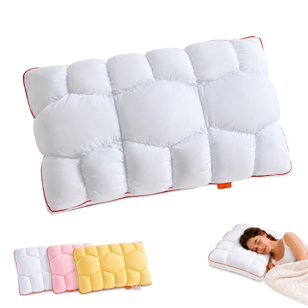 Cooling Marshmallow Puff Pillow, Quilted Cool-Touch Bed Pillow for Adults, Cloud-Like Fluffy Sleep Pillow with Neck Support for Side Back Sleepers - White