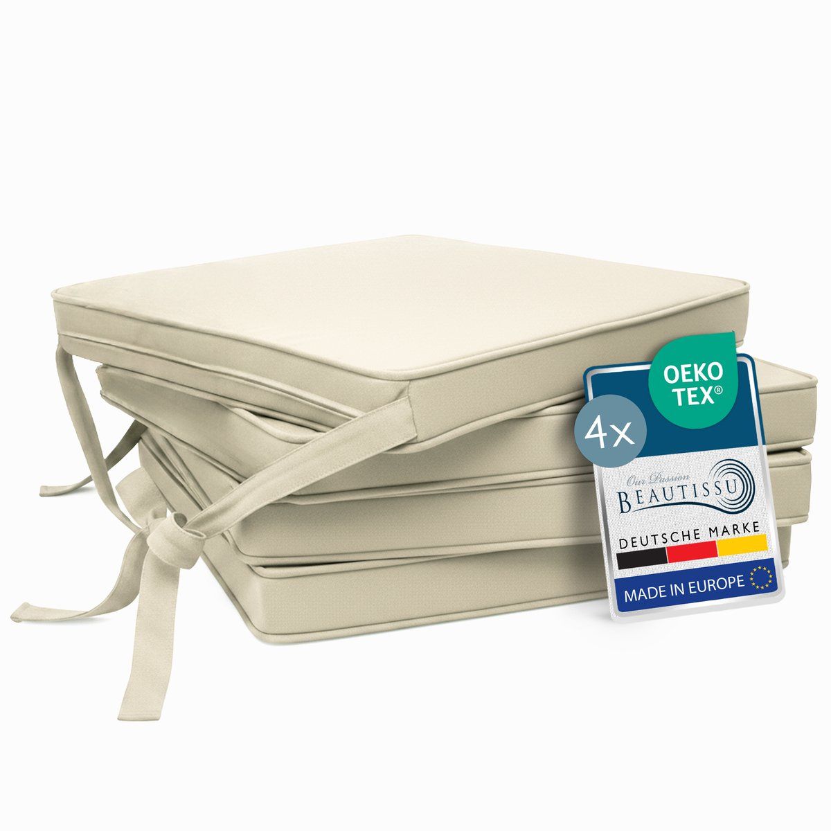4-Pack Cream Tie-On Chair Seat Cushions with Removable Covers, 45 x 40 cm