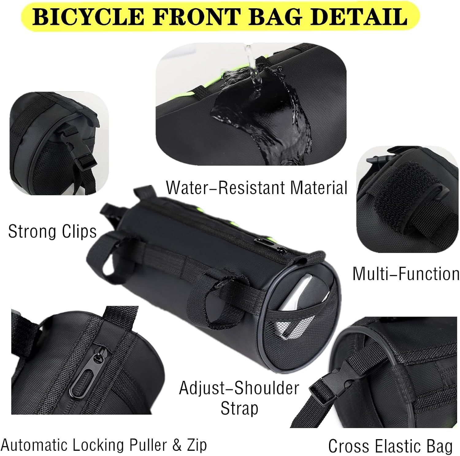 Bike Handlebar Bag Waterproof Bicycle Handlebar Roll Bag, Bike Front Pouch with Waterproof Zipper Shoulder Strap Removable Straps for Road Mountain — image 5