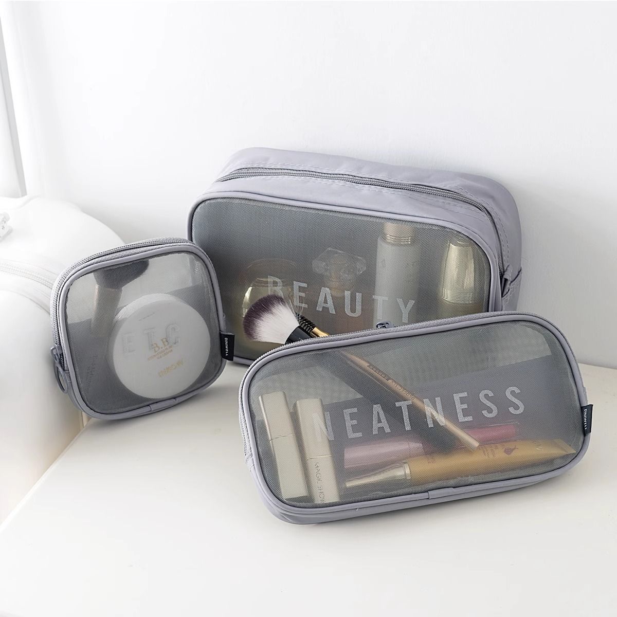 Korean Mesh Makeup Bag 3-Pack Set - Transparent Travel Toiletry Organizer Kit with Small Medium Large Sizes - Cosmetic Storage Bags