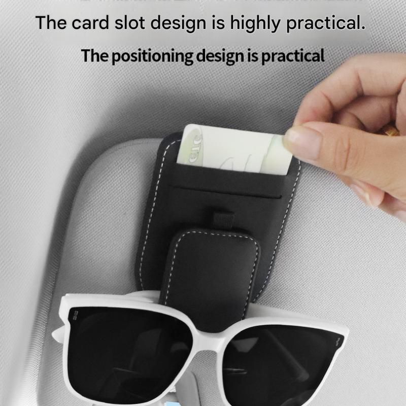 Grey Car Sun Visor Eyeglasses Holder Magnetic Glasses Clip with Card Storage Multifunction Auto Sunglasses Organizer PVC Leather Interior Accessory โ image 4
