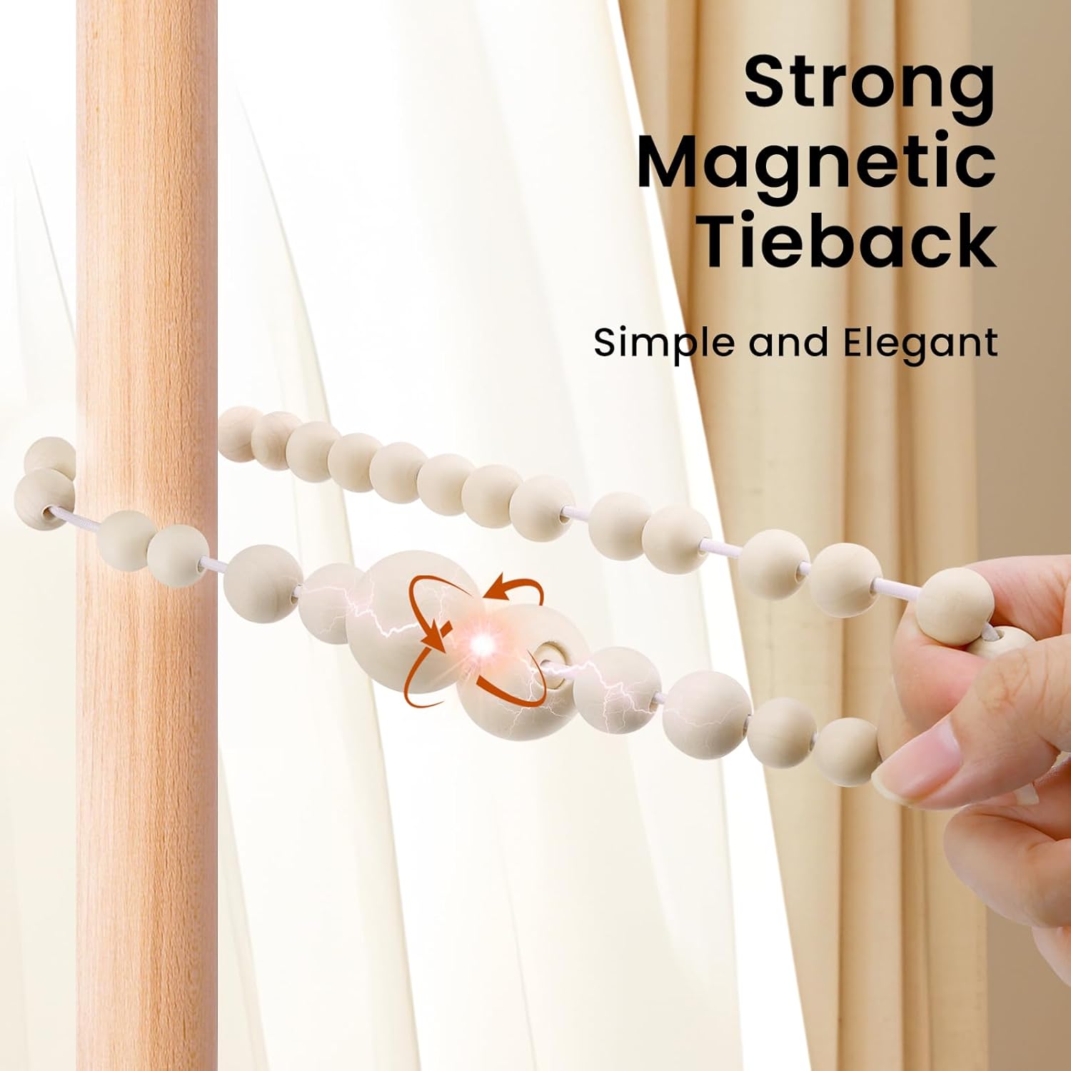 Magnetic Curtain Tiebacks, Curtain Holdbacks for Curtains 2 Pack, Wood Bead Curtain Holders for Boho Bedroom Decor, Baby Nursery Decor, Farmhouse Decor — image 6