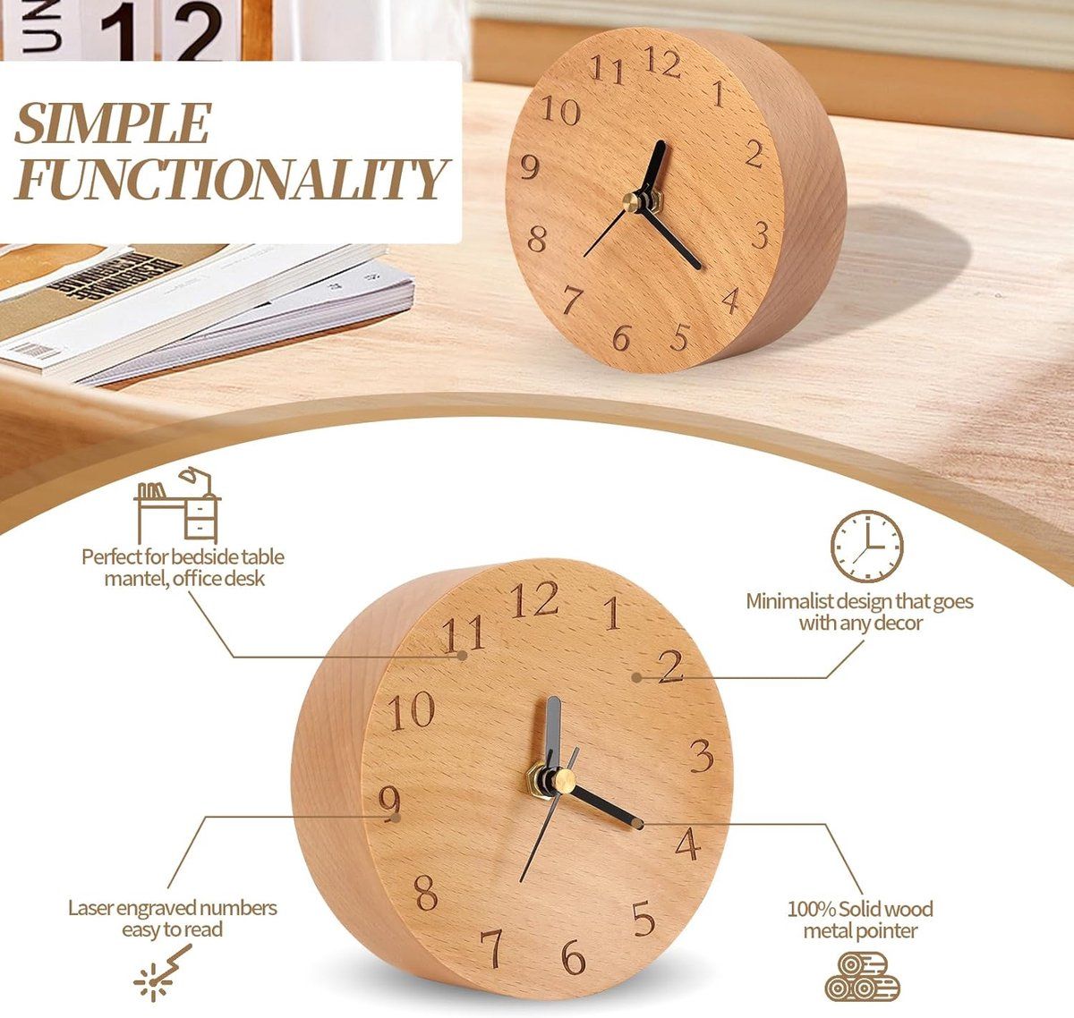 4.7-Inch Round Wooden Analog Desk Clock, Silent Non-Ticking Battery-Operated Table Clock — image 5