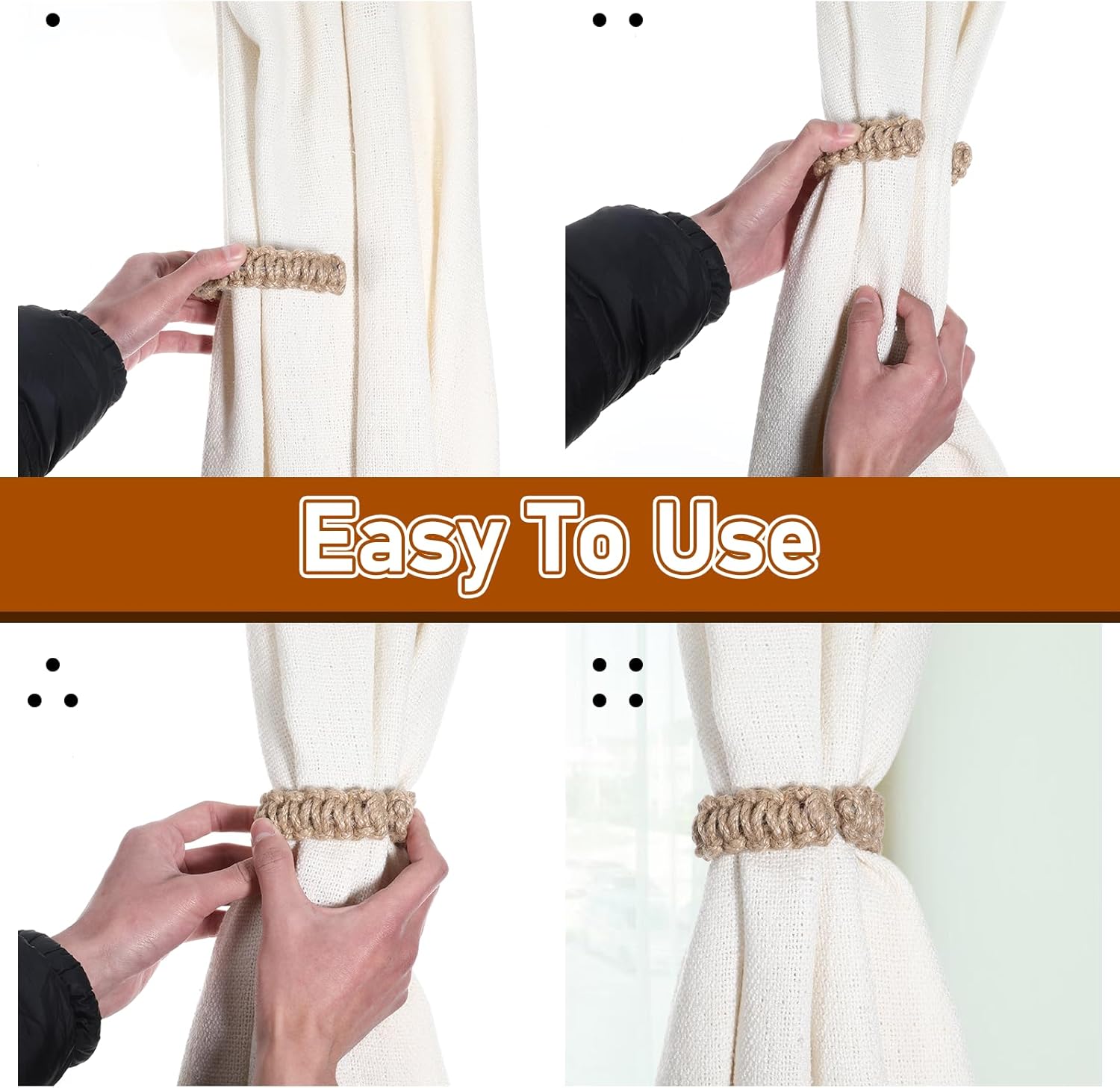 4 Pack Braided Curtain Tiebacks Boho Elegant Rustic Curtain Holdbacks Tie Backs Holders Set Simple Light Weight Drapes Decorative Accessories Handmade for Home — image 6