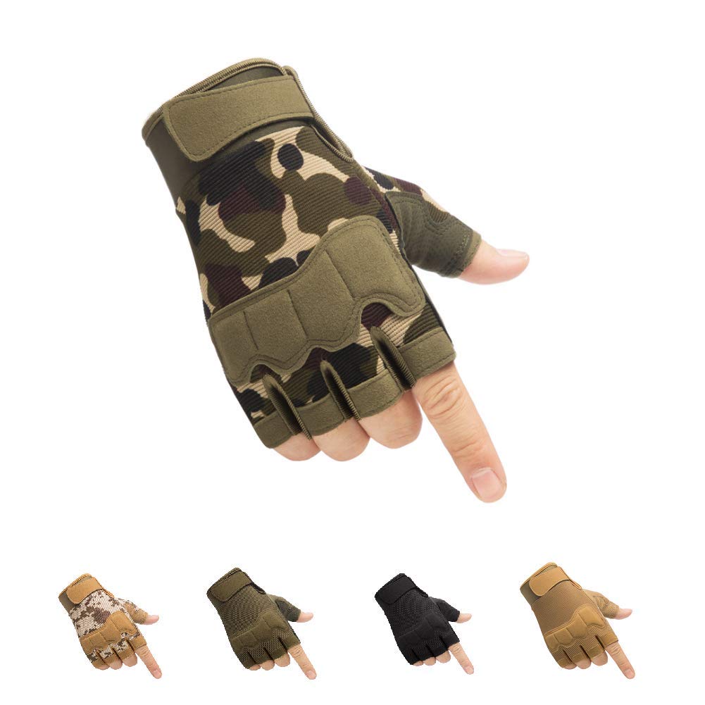 Tactical Fingerless Gloves with Knuckle Protection โ Breathable Outdoor Gloves for Shooting, Hunting, Cycling, and Training (Green Camouflage,L)