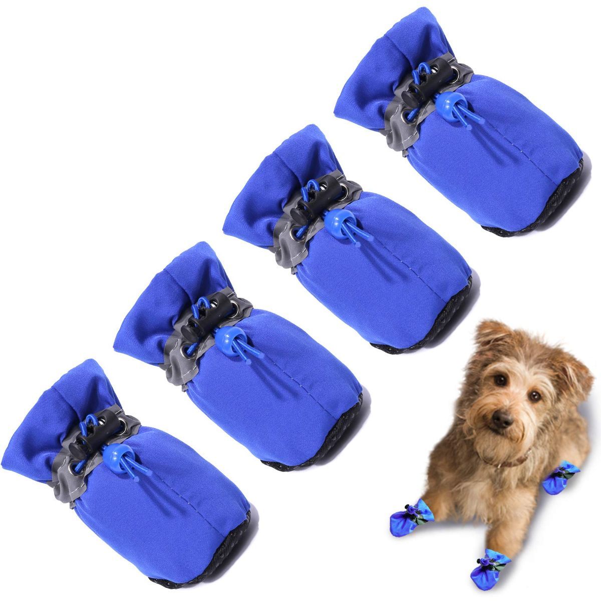 4PCS Dog Boots Paw Protector, Anti-Slip Winter Dog Shoes with Reflective Straps for Small Medium Dogs - Blue - Size 6