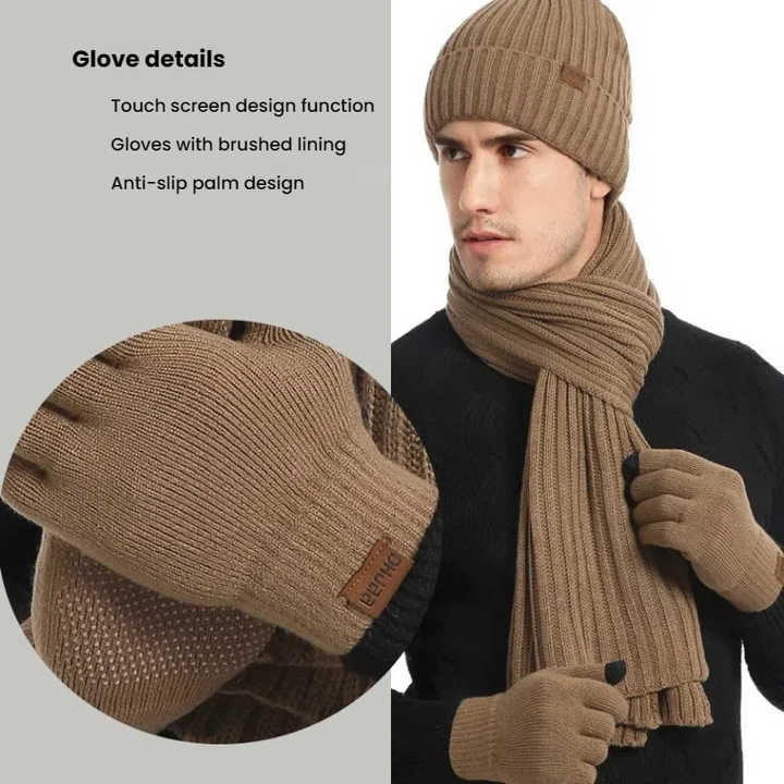 Light Grey Men's 3-Piece Winter Warm Ribbed Knit Beanie Hat Scarf and Gloves Set โ image 3