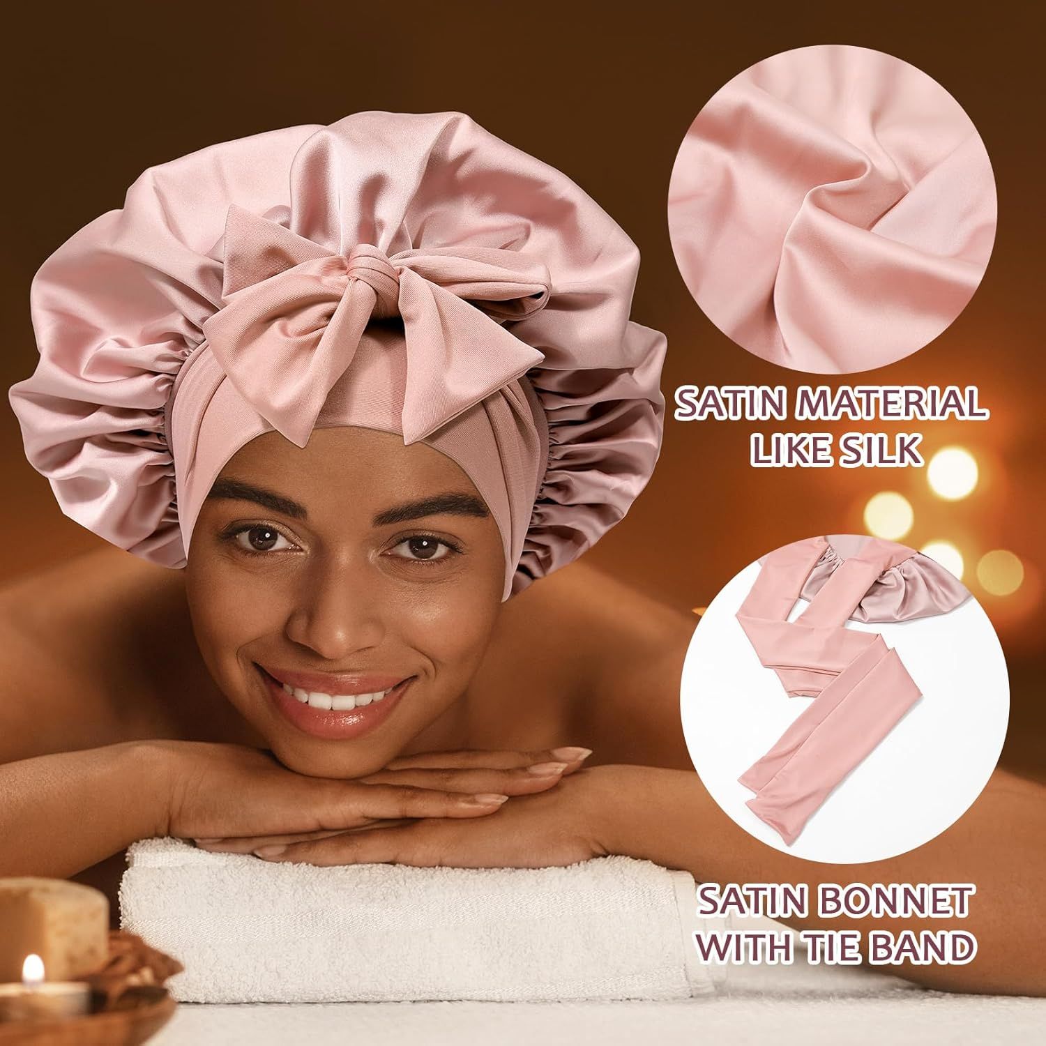 Satin Hair Bonnet with Wide Band Silk Sleeping Bonnets Hair Wrap or Women Girls Night Cap with Tie Band Satin Bonnet (Light Pink) โ image 2