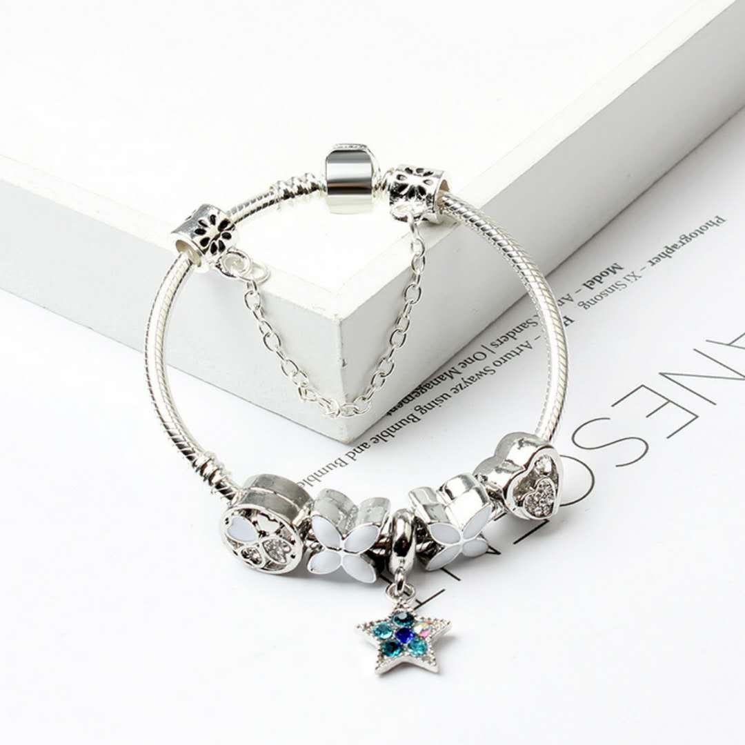 Women Silver Plated Bracelet Snake Chain with Classic Bead Barrel Clasp and Blue Star Pendant(20cm) โ image 2