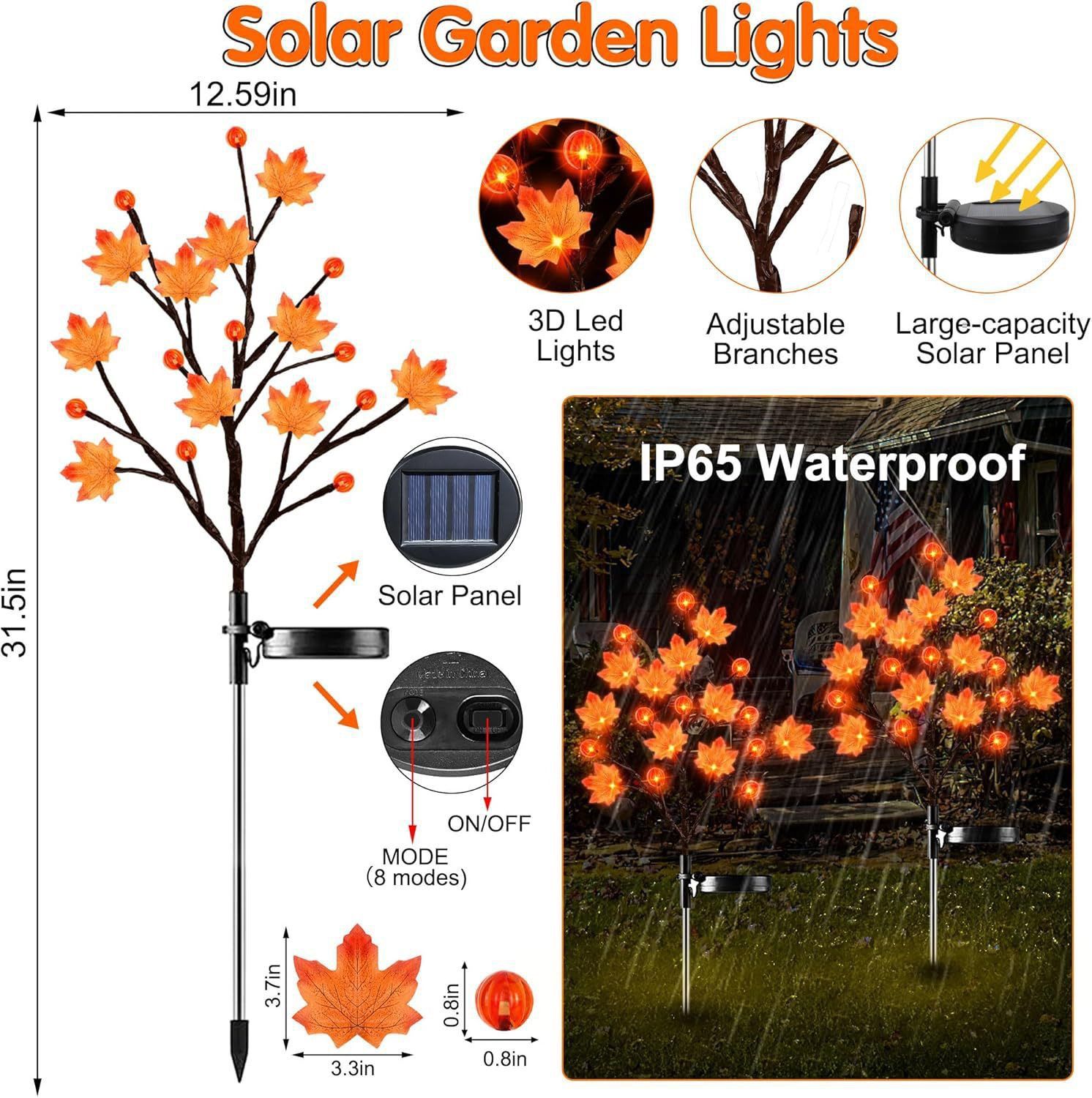 Solar Maple Leaf Branch Lights with 20 Warm LEDs, 8 Lighting Modes & IP65 Waterproof, Auto On/Off Garden Pathway Decor for Fall Harvest and Halloween Ambiance — image 2