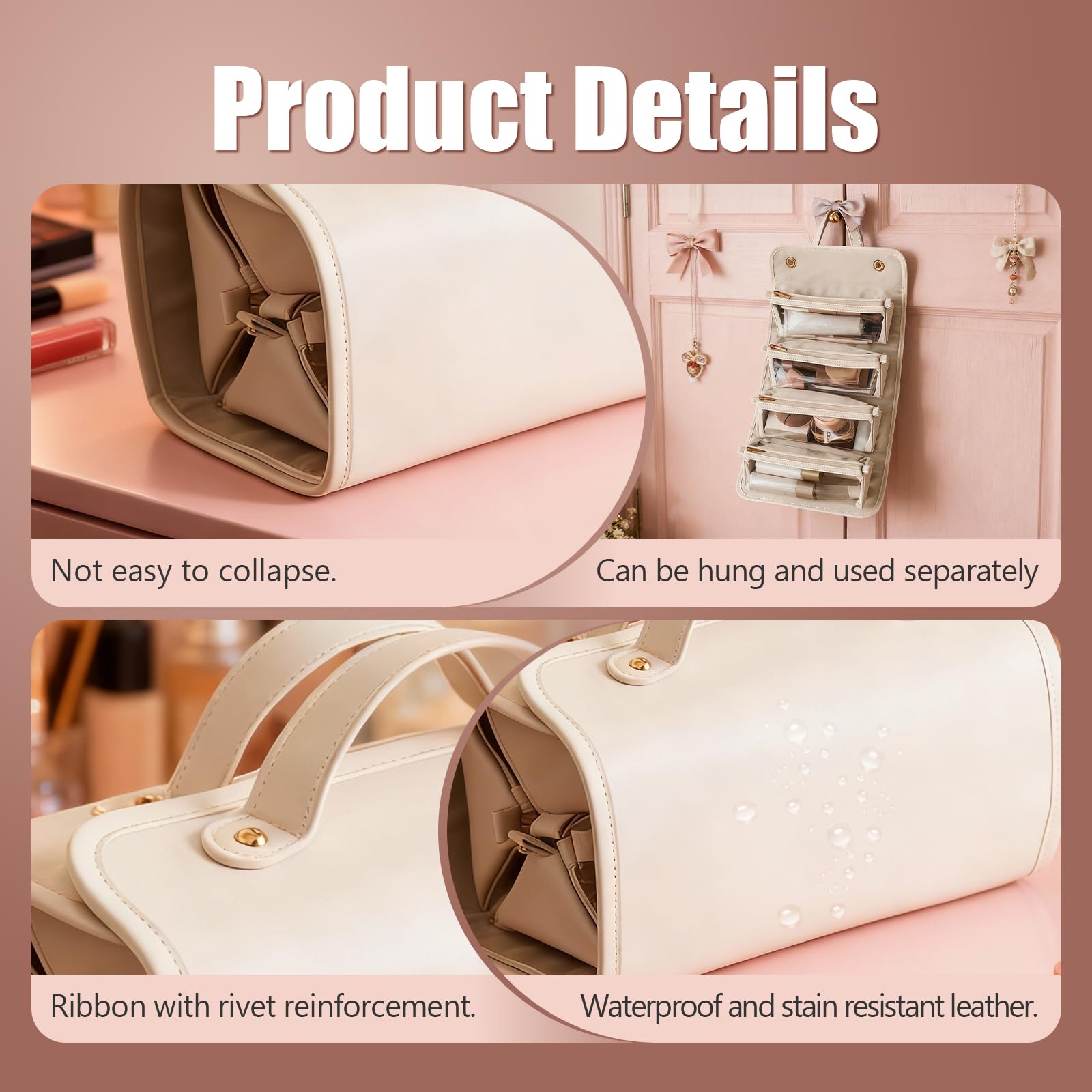 4-in-1 Expandable Makeup Bag with Removable Pockets – Waterproof Travel Cosmetic Organizer for Women, Large Capacity Vanity Case with Hanging Design (White) — image 4