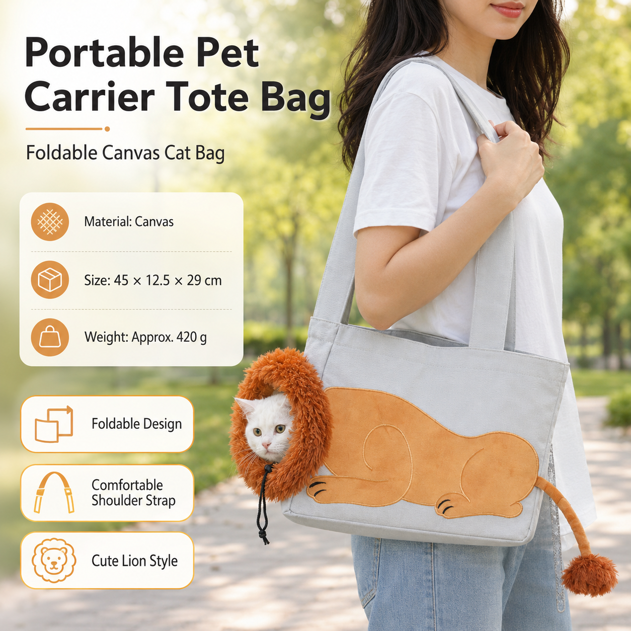 Lion Style Canvas Pet Carrier Grey Bag(big size 45*12.5*29cm) - Adjustable Head Opening, Breathable Mesh, 8cm Wide Shoulder Strap, PE Support Base, Portable — image 2