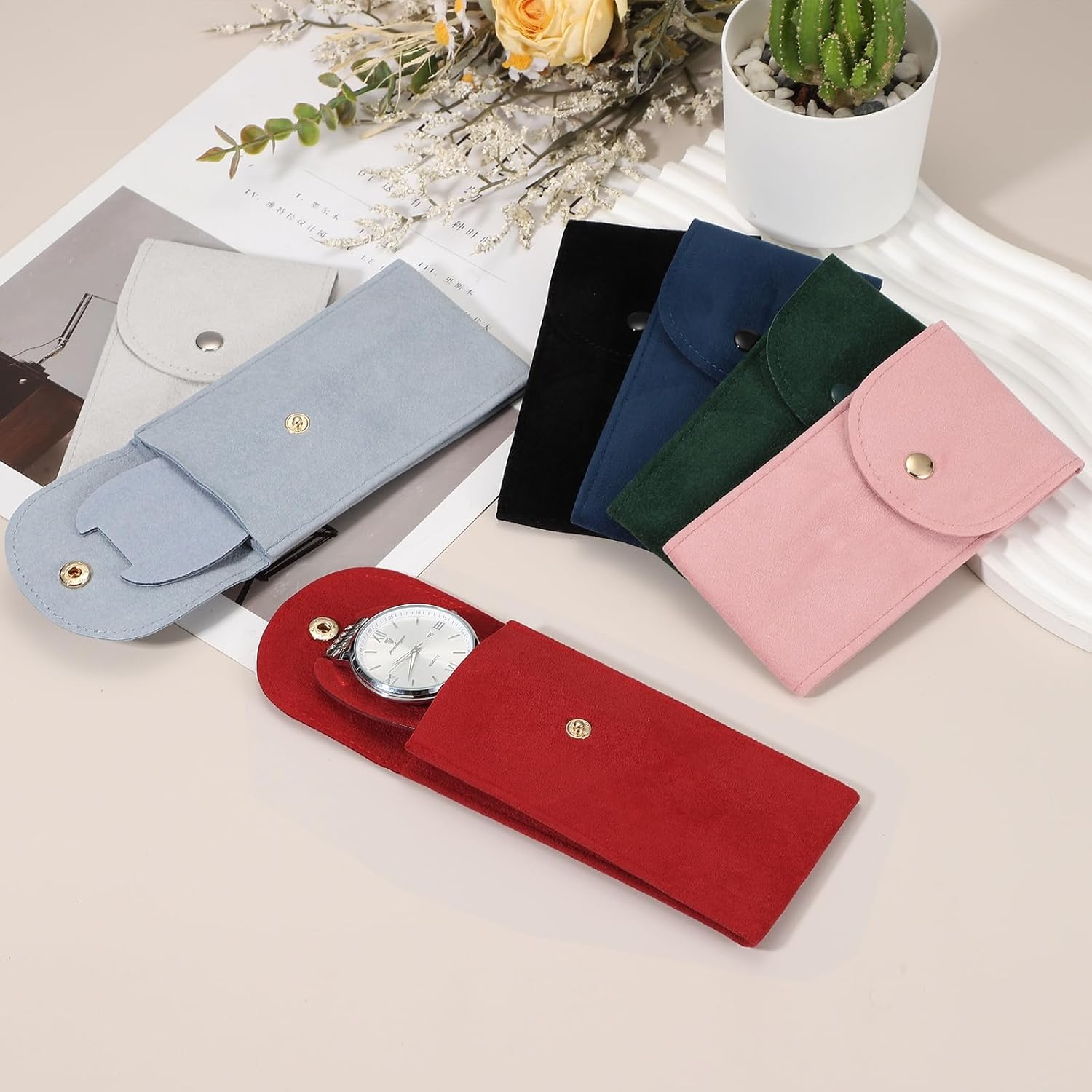 4 Pcs Velvet Watch Pouch, 5.1 x 2.8 Inch Portable Travel Case Jewelry Storage Bag Single Watch Storage Pouch for Men and Women with Snap Button for Travel โ image 4