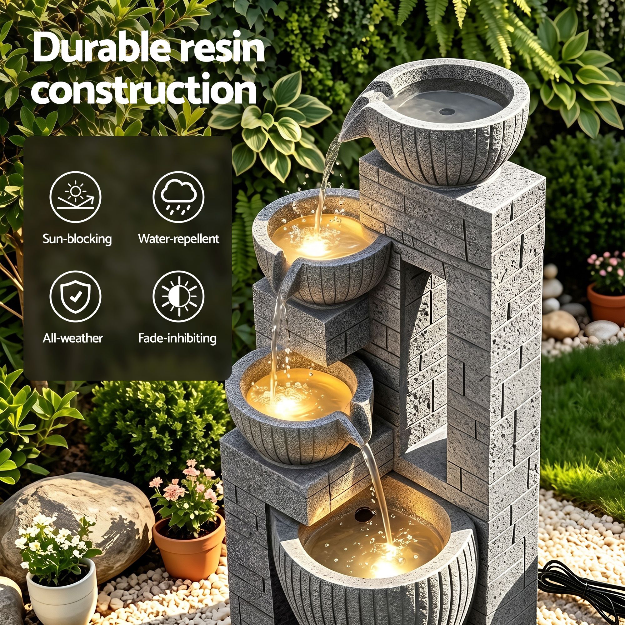 Gardeon Solar Fountains Water Features Cascading Design Polyresin 80cm Grey โ image 6