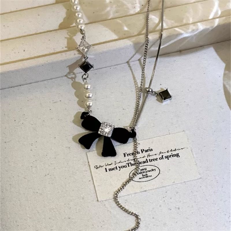 Pearl Necklace Bow Necklace for Women Trendy Pearl Bow Choker Necklace Pearl Beaded Becklace Sparkly Rhinestone Bow โ image 5
