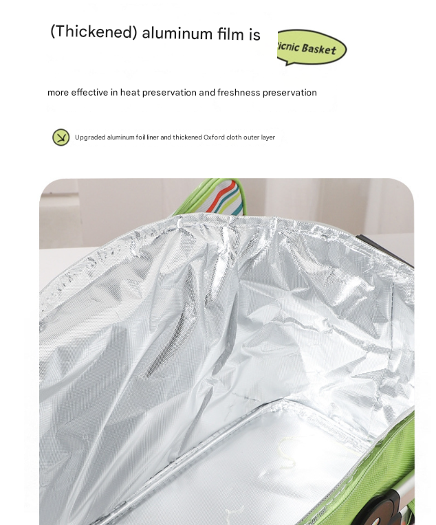 27L Foldable Insulated Picnic Basket Cooler Bag with Aluminum Handles, Green Striped Thermal Hamper โ image 5