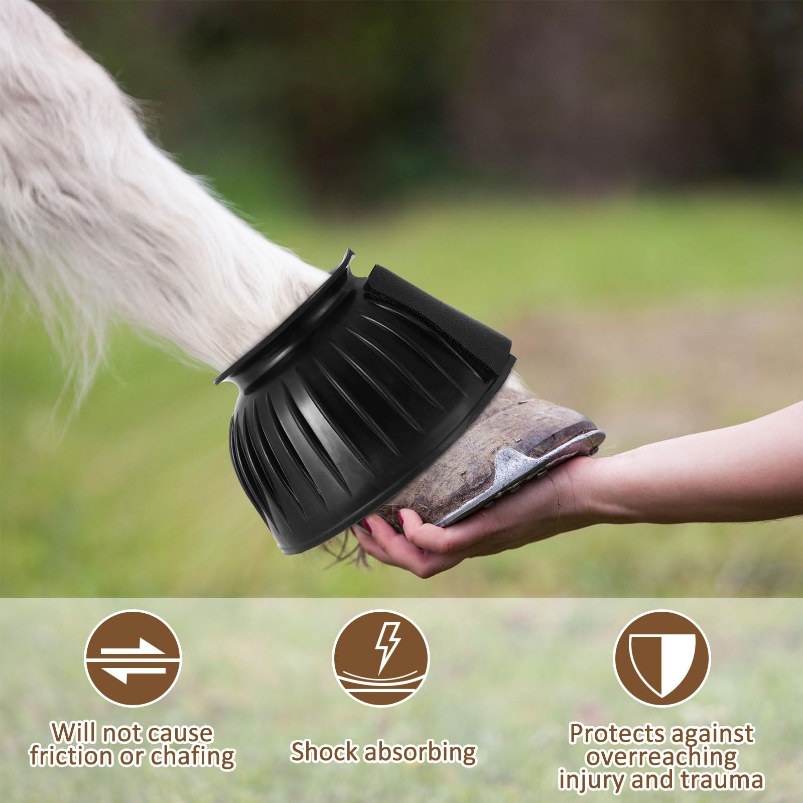 Bell Boots for Horses 1 Pair Protect Against Hoof Impact Trauma, Rubber Bell Boots Horse Care for Turnout, No Rub Design Wrap Hook and Loop — image 2