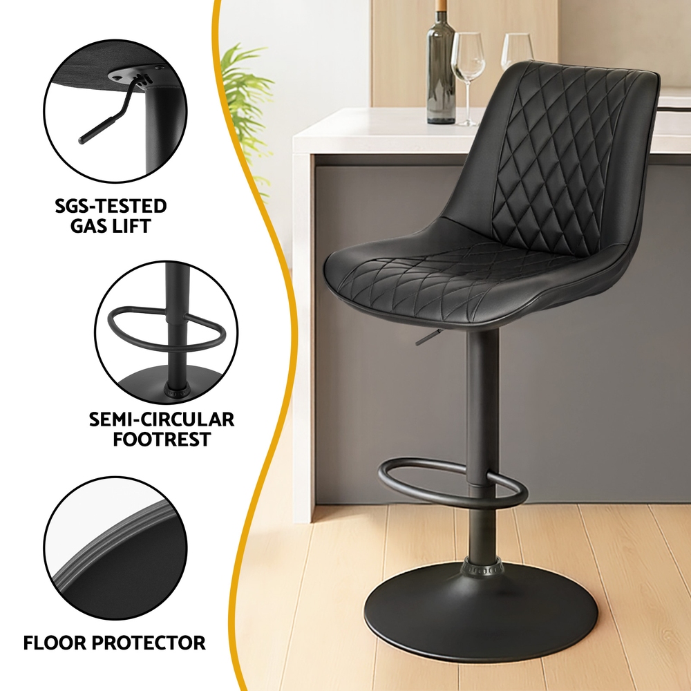 Artiss 2x Bar Stools Kitchen Swivel Gas Lift Counter Chair Diamond Leather Black — image 6