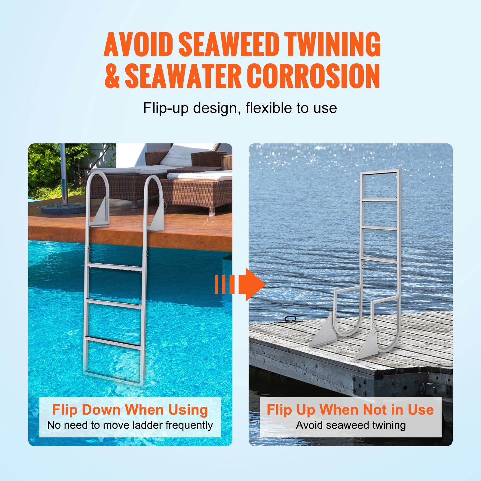 Dock Ladder, Flip-Up 4 Steps, 159 kg Load Capacity, Aluminum Alloy Pontoon Boat Ladder with 50.8 mm Wide Step & Nonslip Rubber Mat, Easy to Install for — image 3