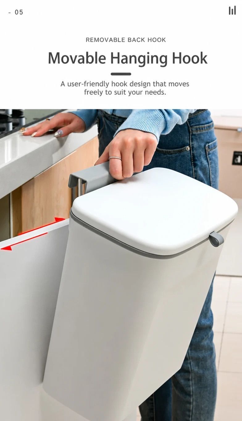 Cabinet Door Hanging Trash Can With Lid, Hook Mount Waste Bin, 9L, Cream, Creative Garbage Container For Kitchen & Washroom, Nice Kitchen Upgrade Gift — image 6