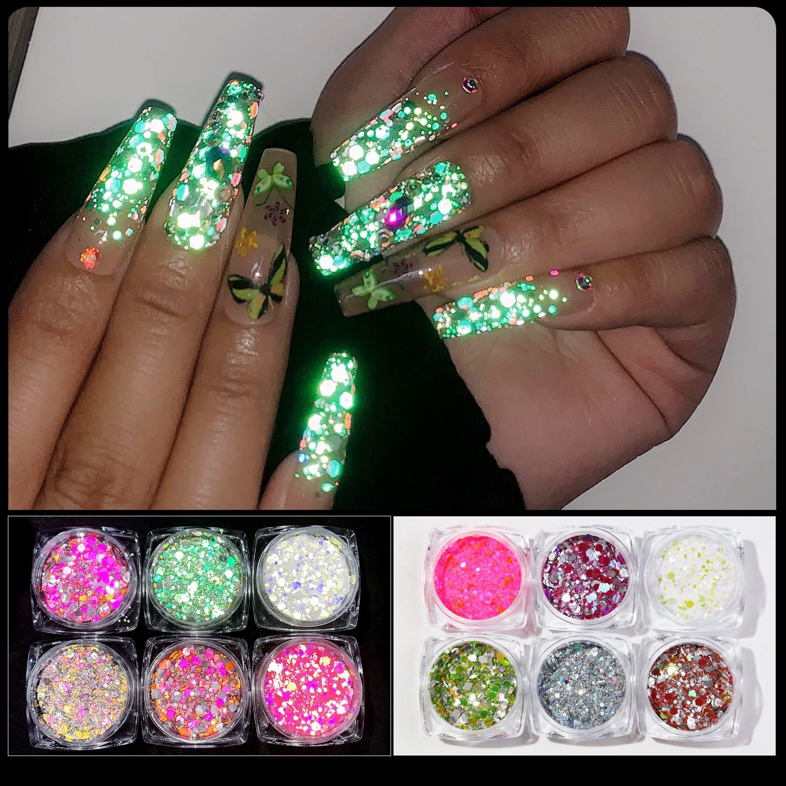 Glow in The Dark Glitter, 6 Color Luminous Iridescent Chunky Glitter, Cosmetic Craft Glitter Set for Epoxy Resin, Body, Face, Nail — image 2