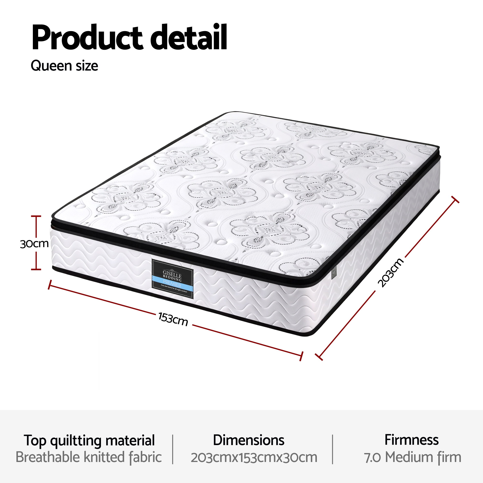 Giselle Bedding Queen Mattress 30cm Pocket Spring Euro Top Medium Firm Foam โ image 3