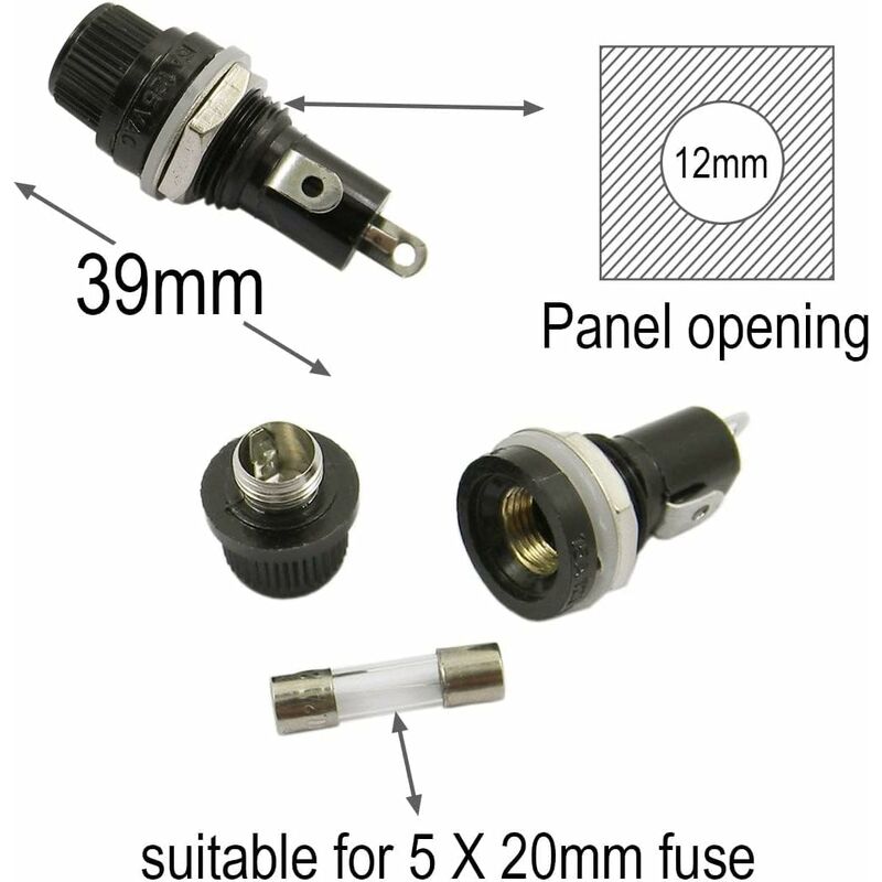 10 pcs 5 X 20Mm Fuse Holder Ac 10A 250V Black Screw Cap Fuse Holder, Panel Mount Screw Cap Fuse Holder — image 2