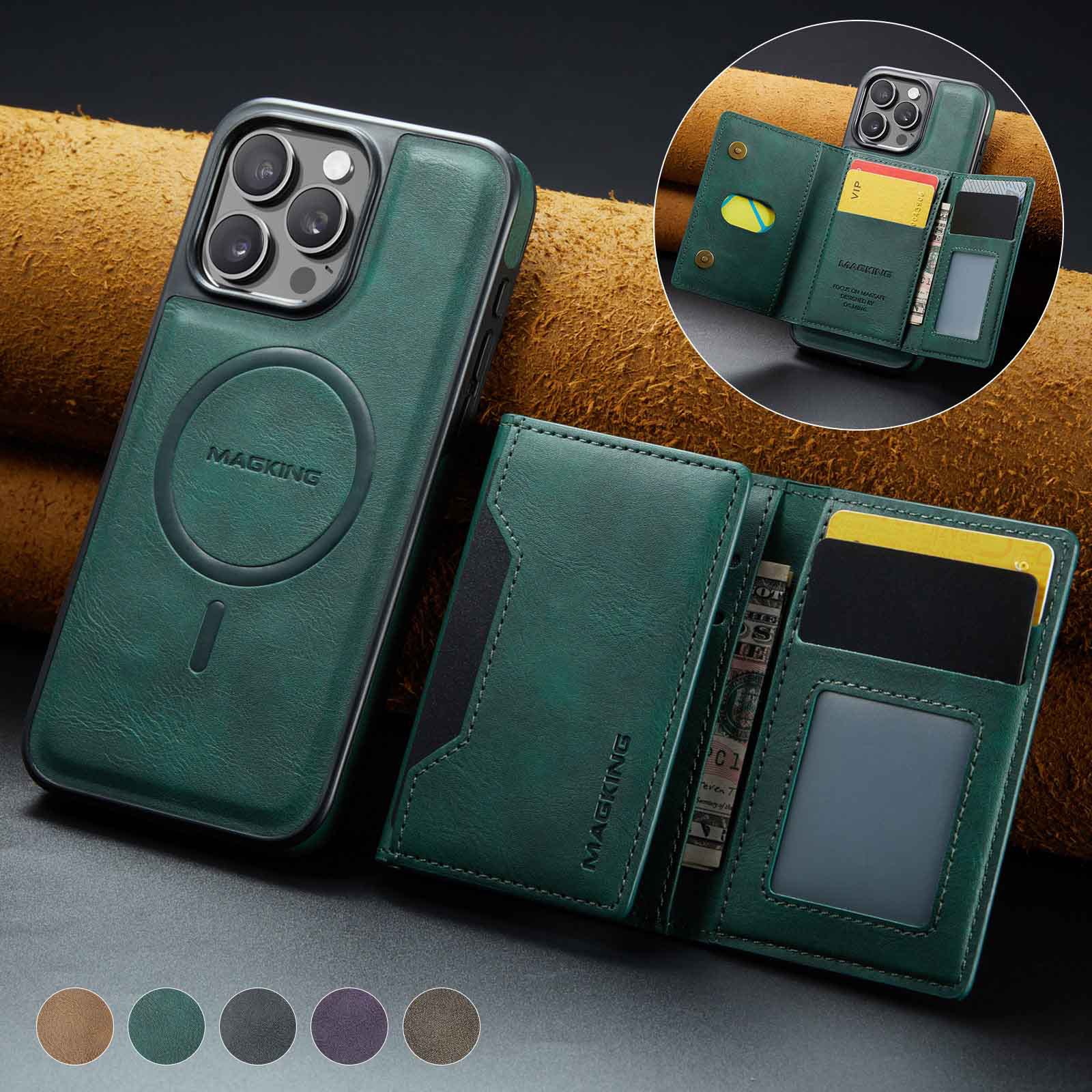 Green Premium MagSafe Wallet Case for iPhone 16 Pro Max - Detachable PU Leather Magnetic Card Holder โ image 2