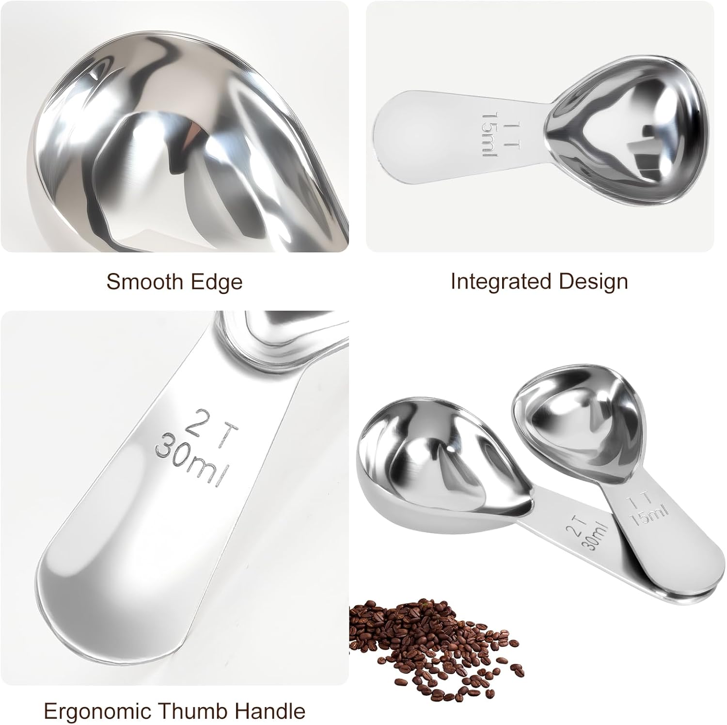 2Pcs Coffee Scoops, Premium 18/8 Stainless Steel Coffee Spoons, Set of 2 Short Handled (1 Tablespoon & 2 Tablespoon) Coffee Measuring Spoon for Ground Coffee — image 6