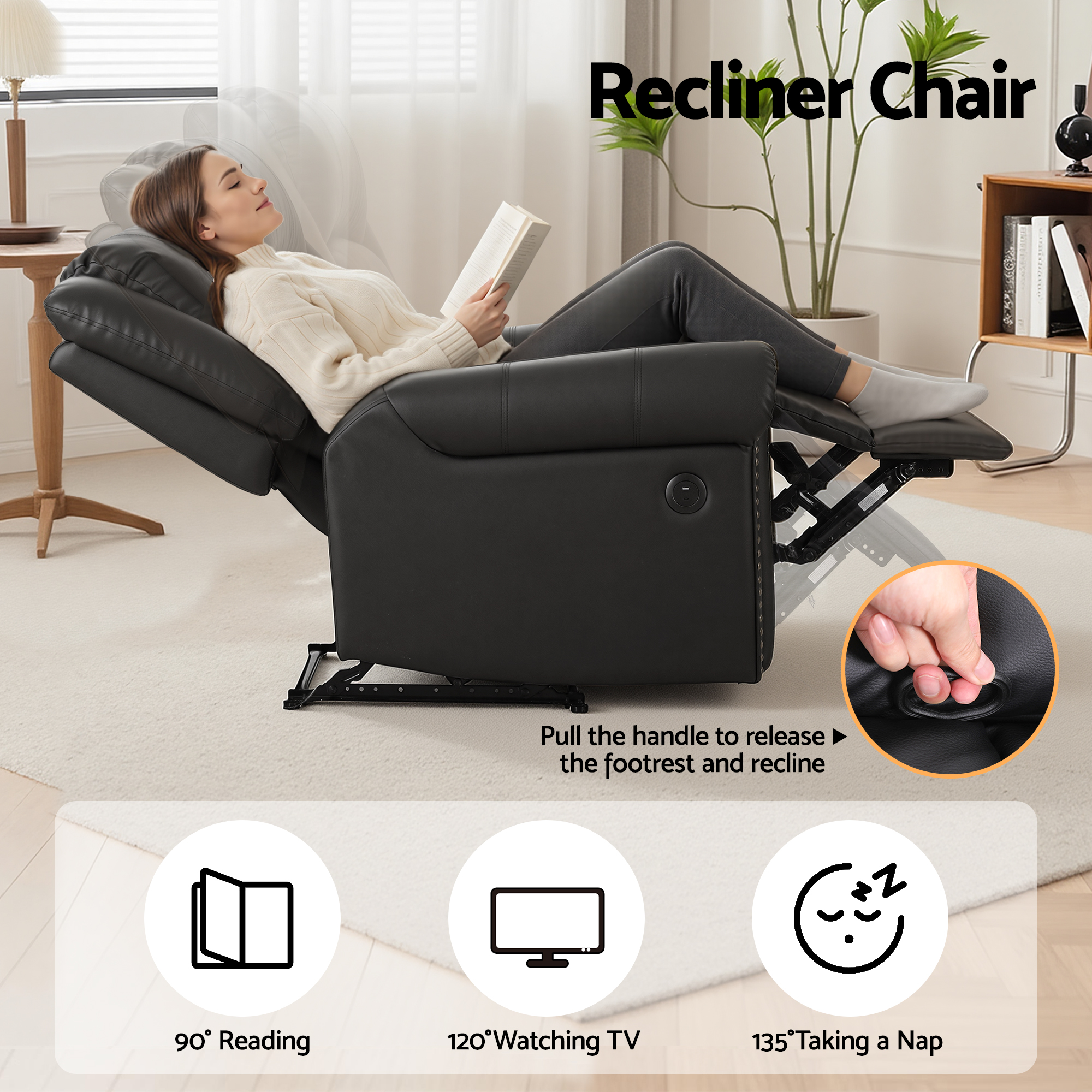 Artiss Leather Manual Recliner Chair with USB Charge Port, Overstuffed Armchair Sofa for Living Room and Nursery, Asjustable Theater Reclining Lounge with — image 4
