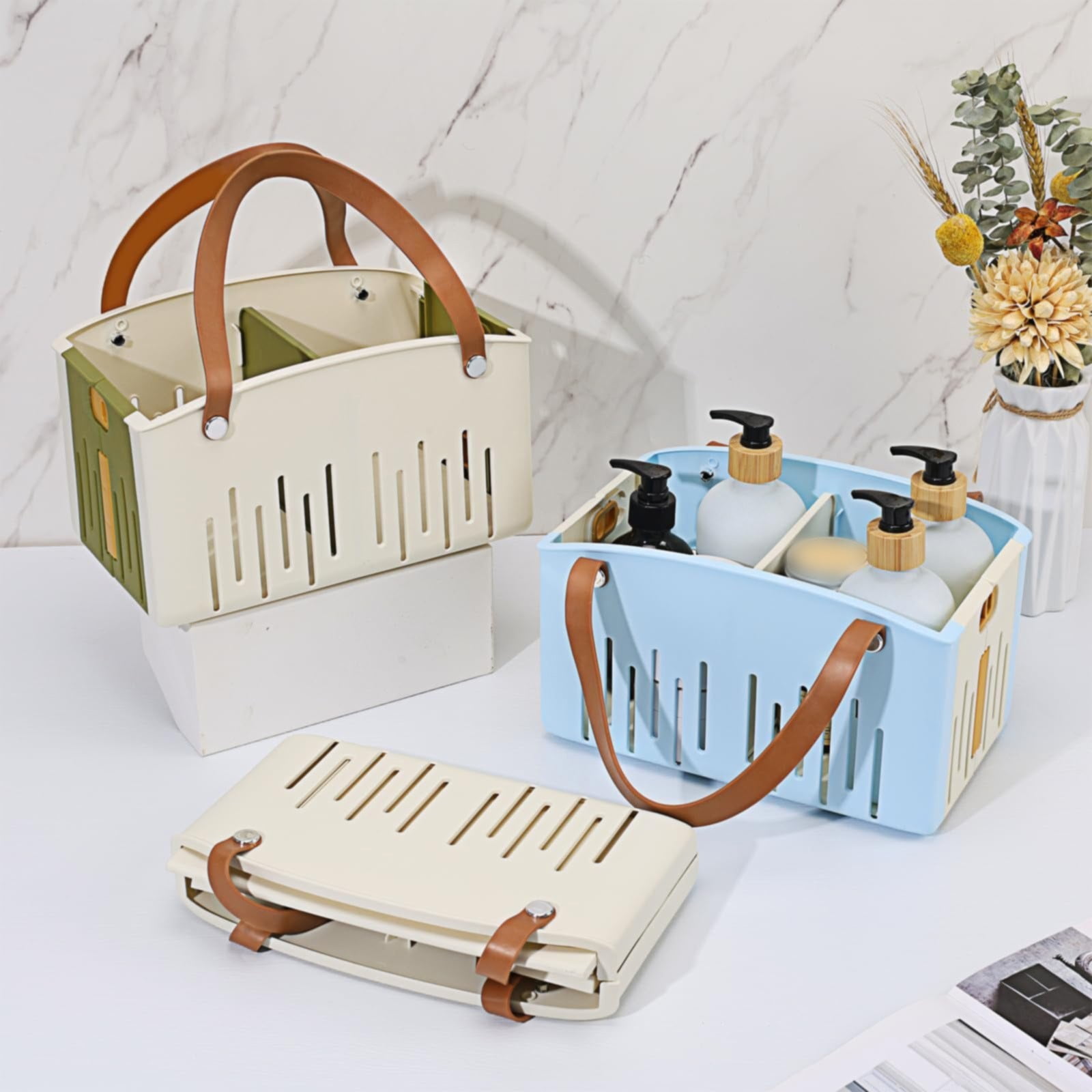 Cotton Rope Storage Basket, woven organizer with PU leather handles for clothes toys gifts laundry and pet supplies, White, 11.02 × 7.09 × 6.5 inches — image 3