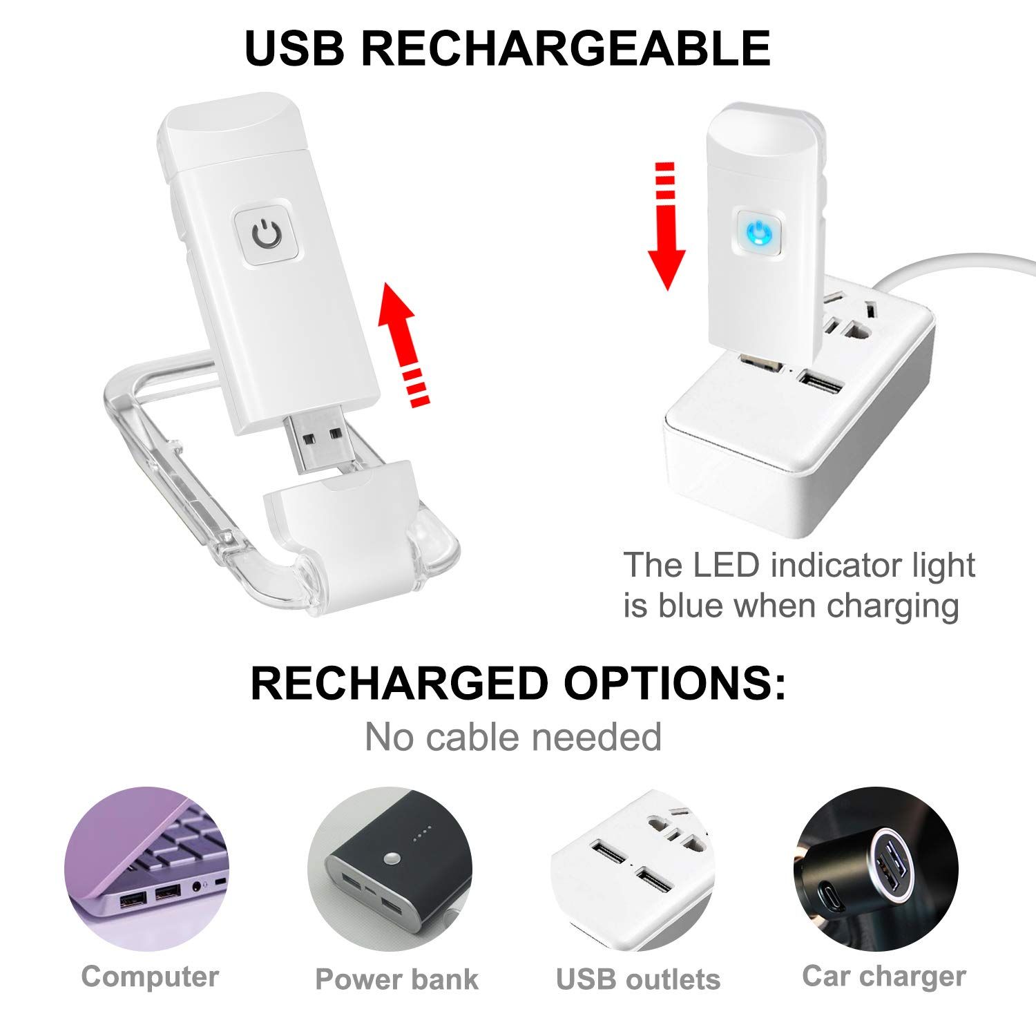 White USB Rechargeable Book Light for Eye-Protection, LED Clip on Portable Bookmark Light easy and convenient — image 4