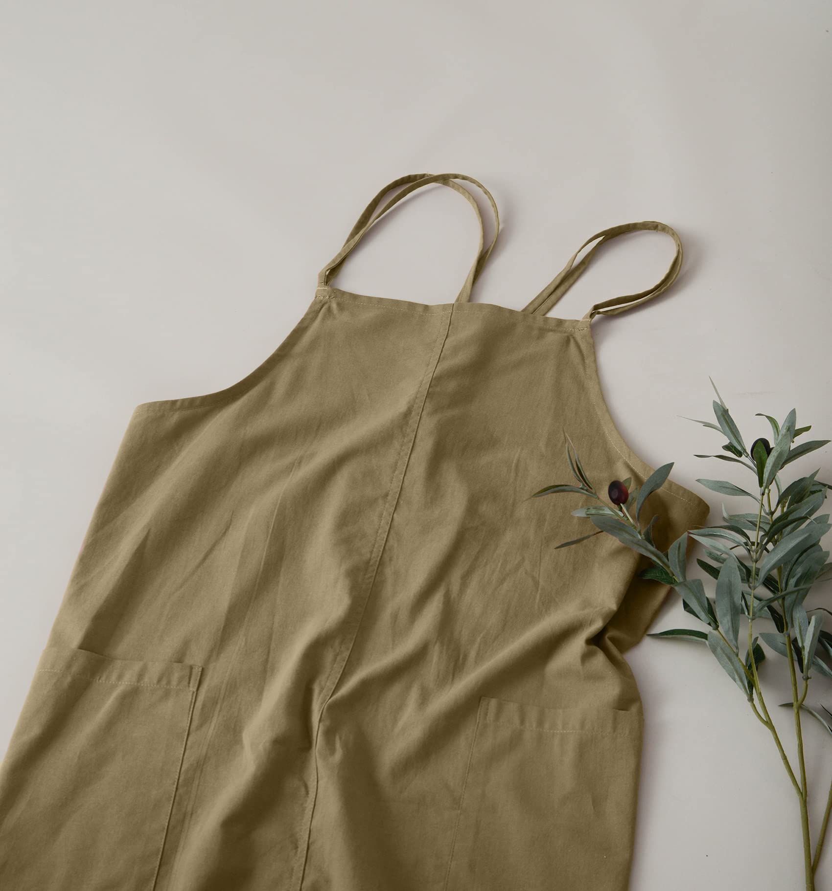 cotton and linen work apron baking flower shop painting nail art milk tea shop barista adjustable shoulder strap(khaki green) — image 3