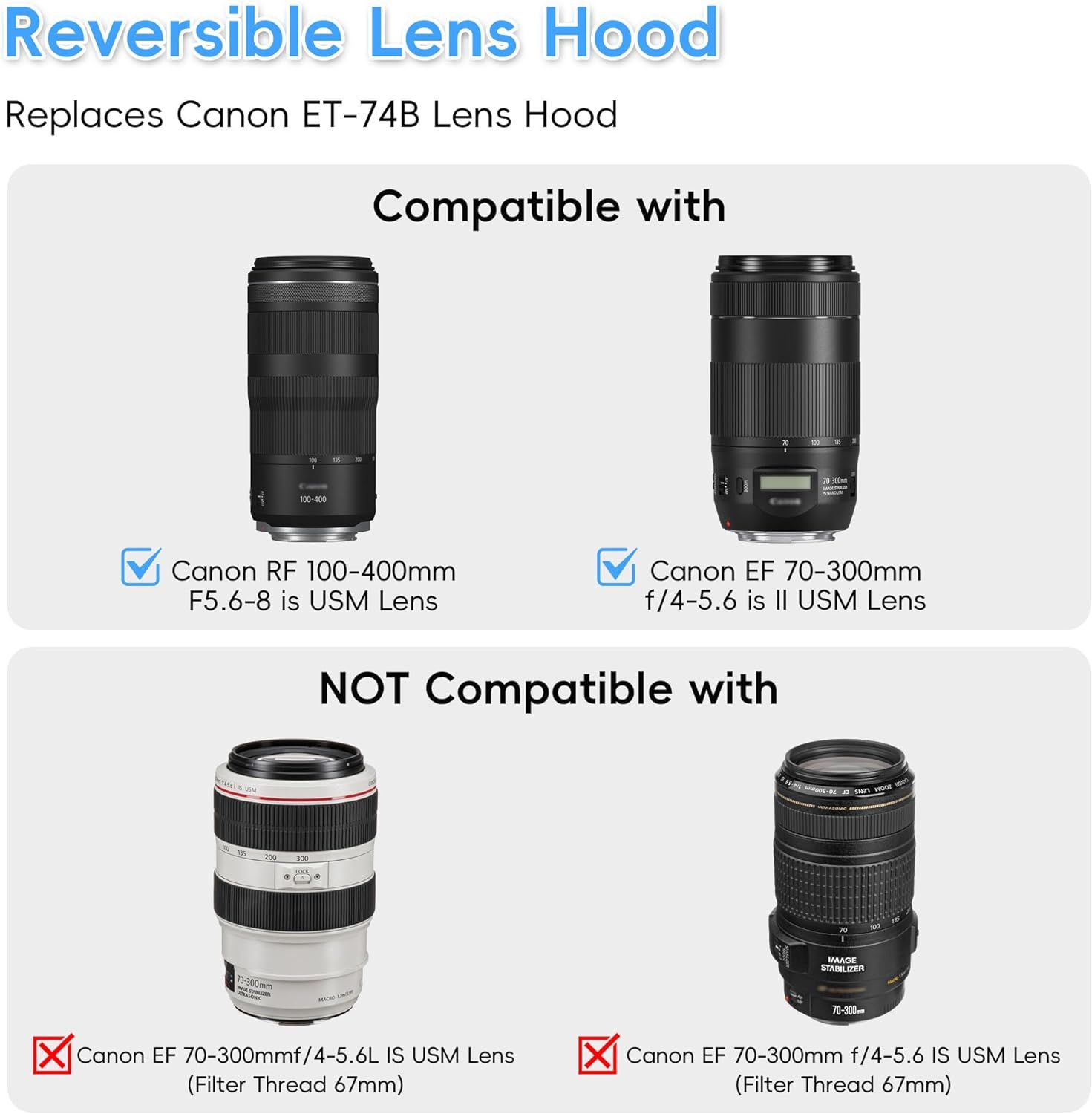 Dedicated Lens Hood Shade Protector for Canon RF 100-400mm F5.6-8 is USM & EF 70-300mm f/4-5.6 is II USM Replaces Canon ET-74B Lens Hood — image 3