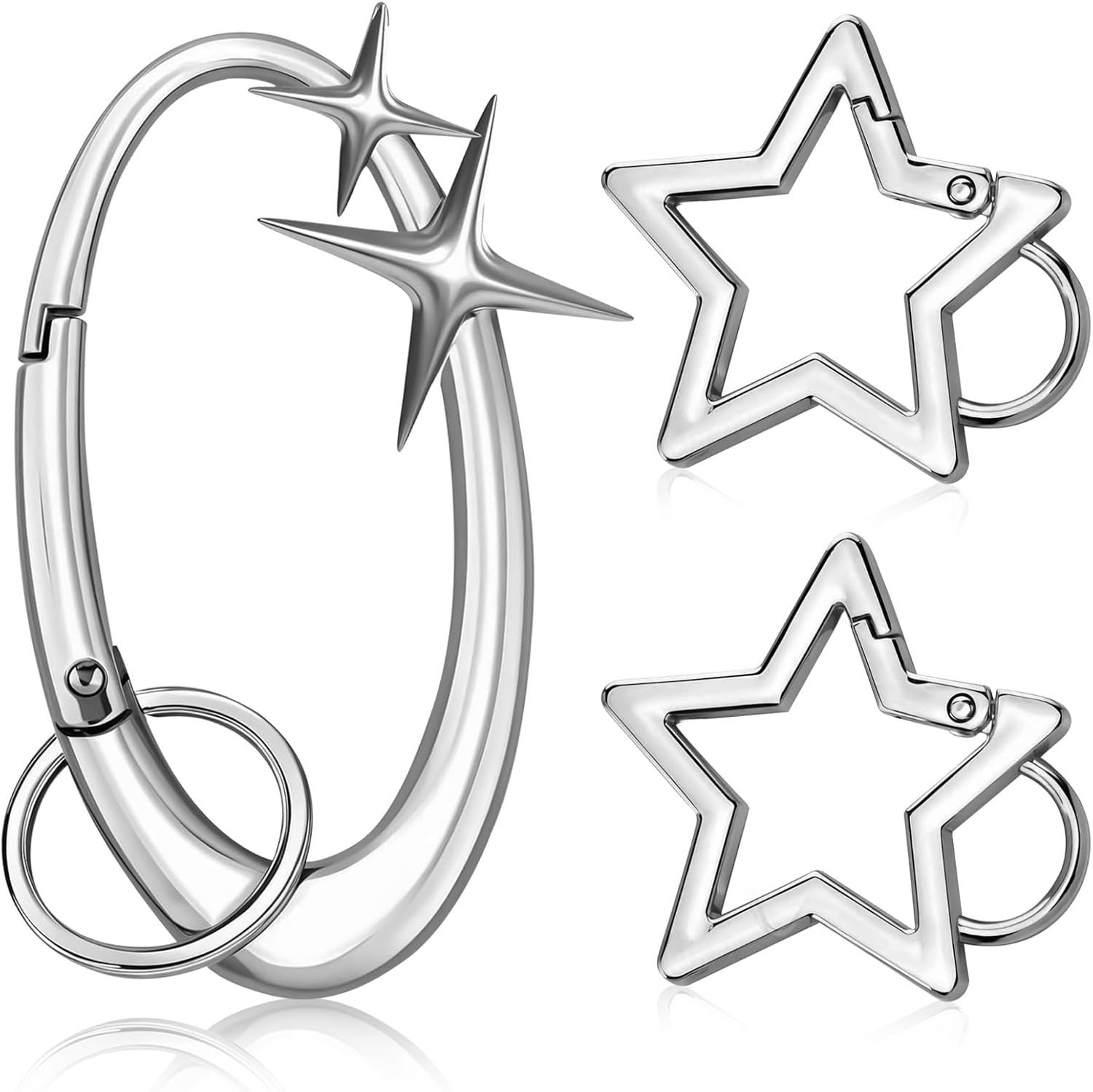 3 Pack Star-Shaped Carabiner Keychains, Shiny Alloy Key Ring Clips for Car Keys, Handbags, Backpacks, Purses and Bag Charms, Silver