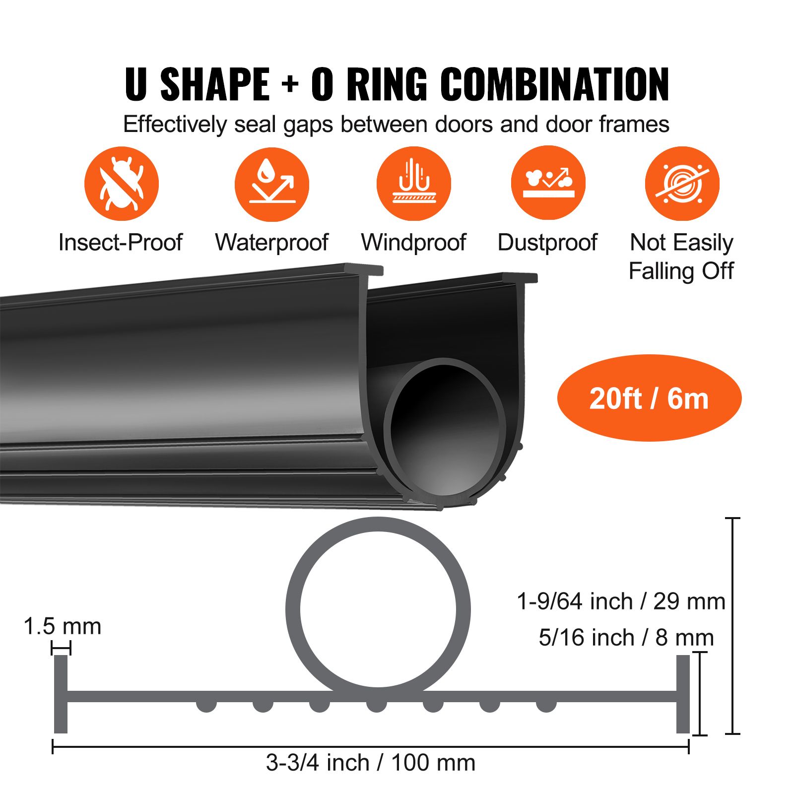 Garage Door Seals Bottom Rubber, U Shape +O Ring Combination Garage Door Bottom Weather Seal, 20ft Weatherproofing Garage Door Seal, 5/16 inch T-ends and 3 3/4 — image 2