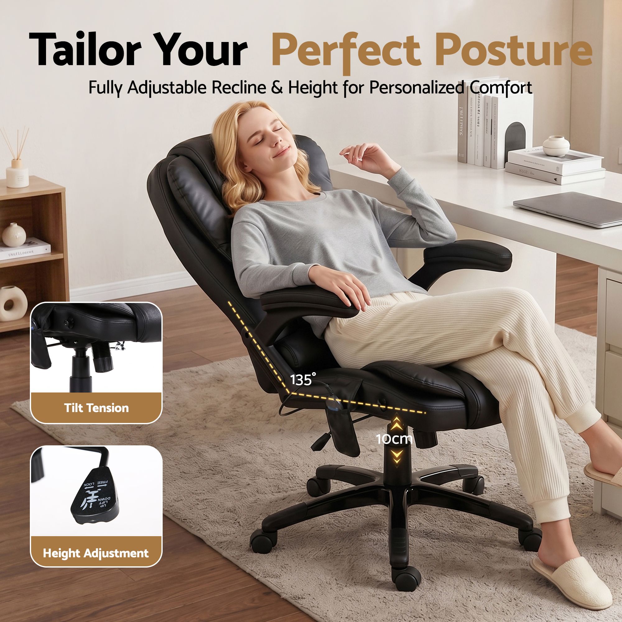 Artiss 8 Point Massage Office Chair Heated Seat Recliner PU Black — image 5