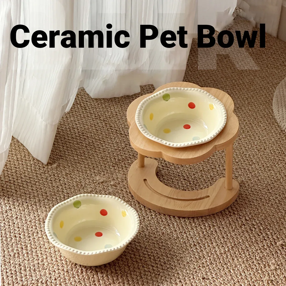 Ceramic Pet Food Bowl with Wooden Base Non Slip for Cats Small Dogs Easy Clean — image 6