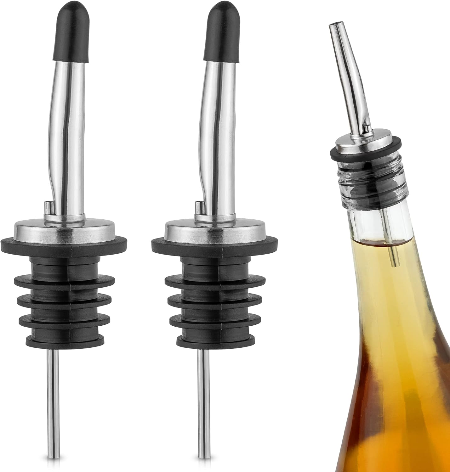 Zulay 2 Pack Stainless Steel Liquor Pourers with Rubber Dust Caps - Tapered Spout Liquor Bottle Pourers for Alcohol - Pour Spout For Liquor Bottles, Olive Oil