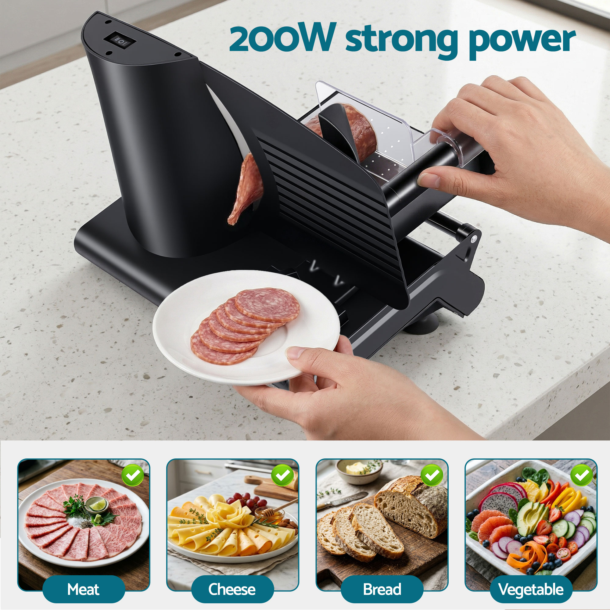 Devanti Meat Slicer Bread Vegetable, 200W Power 0-15mm Adjustable Easy Clean Stable Stainless Steel Blade Food Slicer for Kitchen Commercial, Black — image 4
