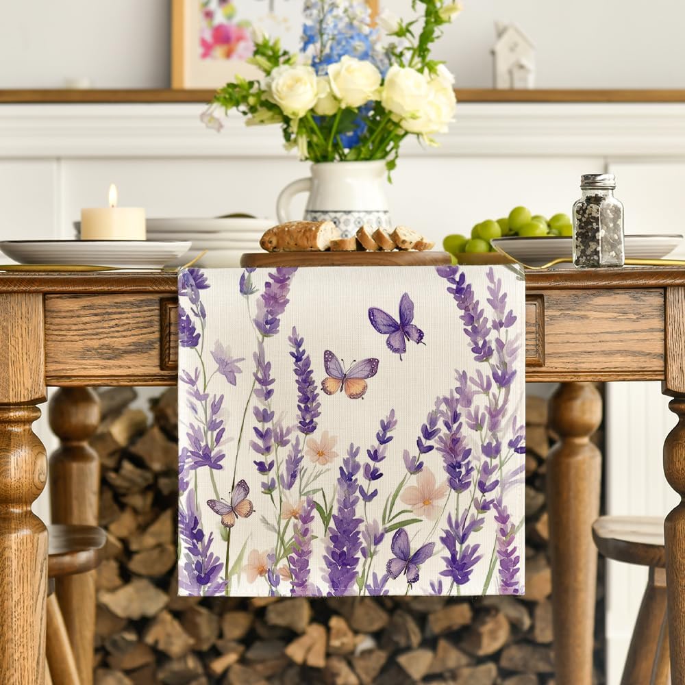 Purple Lavender Floral Butterflies Spring Table Runner, Seasonal Summer Kitchen Dining Table Decoration for Home Party Decor 13 × 72 Inch — image 2