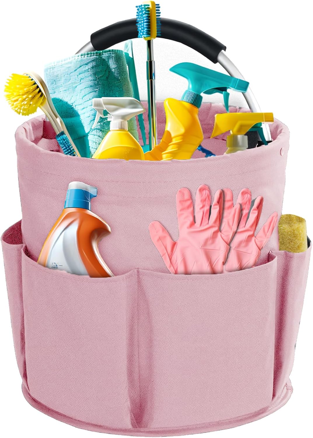 Pink Foldable Cleaning Caddy with 6 Outer Pockets: 17L Collapsible Storage Basket for Household, Bathroom, Picnic & Beach – Durable Oxford Cloth Organizer