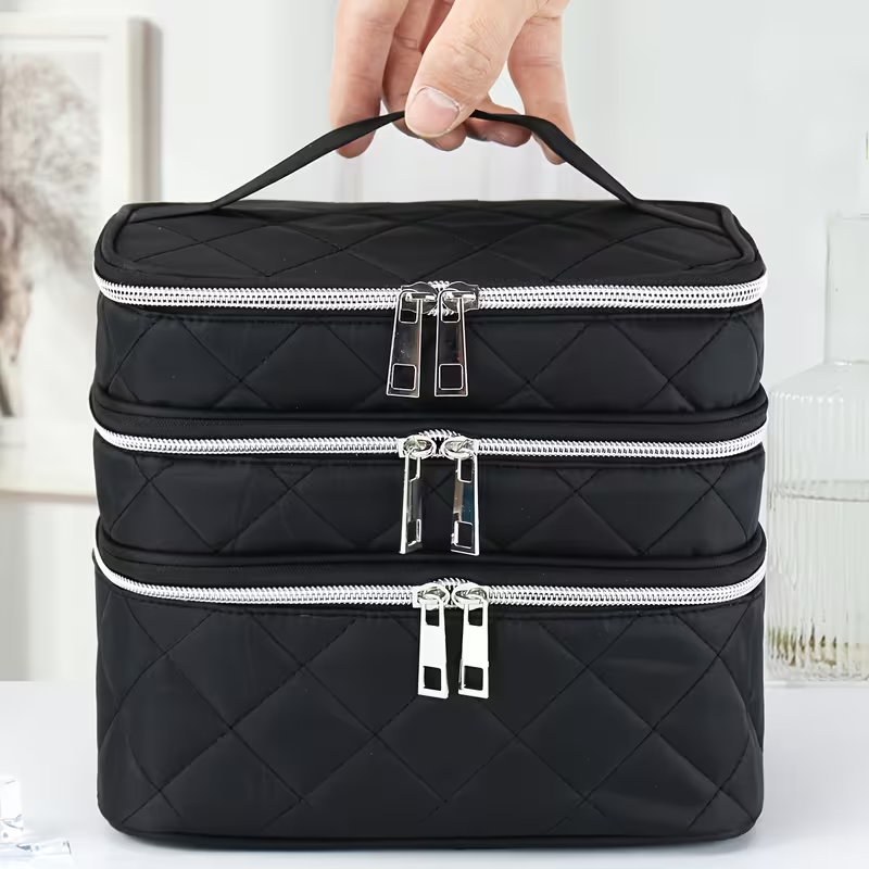 Fashionable and light luxury large-capacity black embroidered diamond-shaped cosmetic bag with three for multi-level storage, portable and hand-held, suitable โ image 2