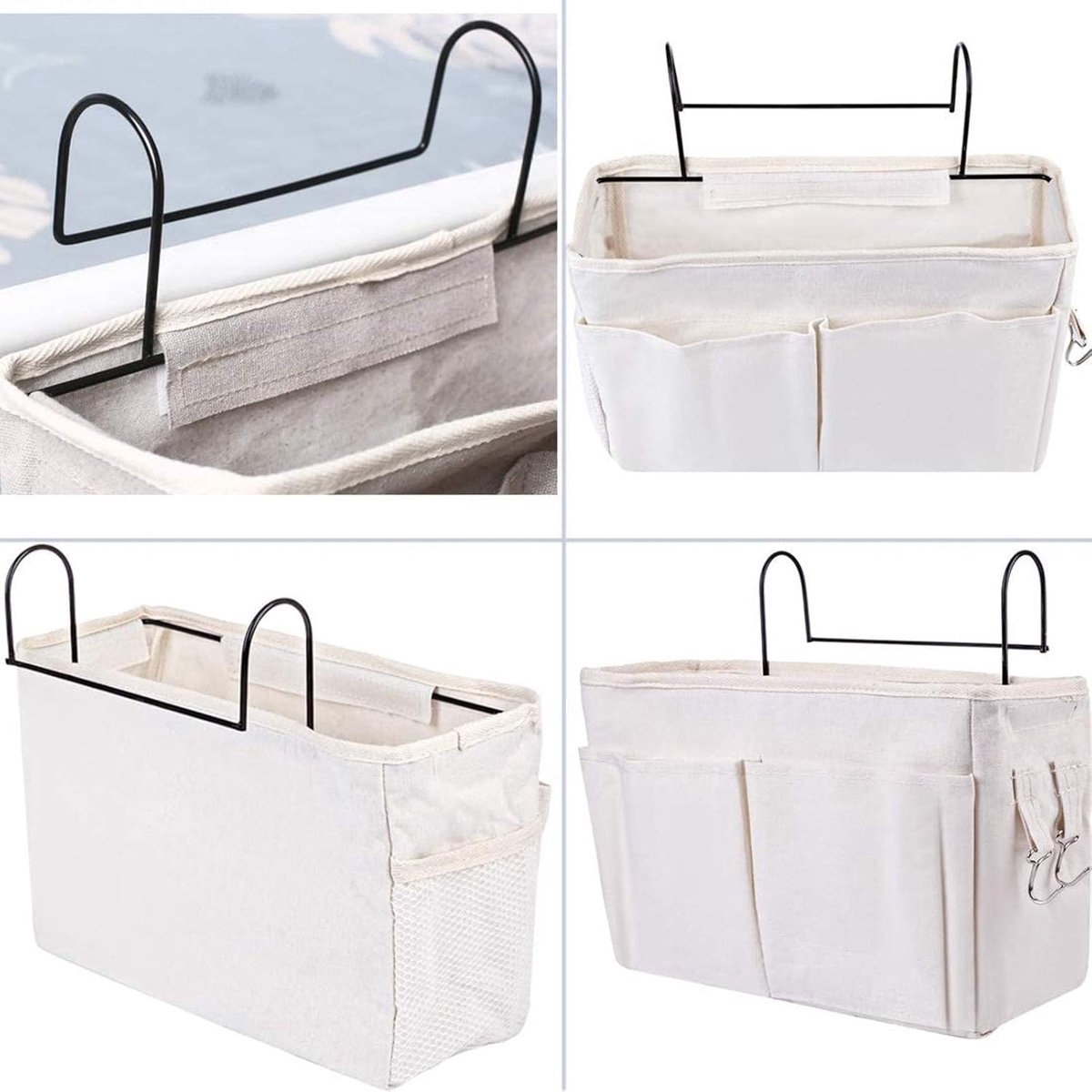 Bedside Pocket - Bed Organizer With Frame - Bed Storage Bag - Cotton - Bed Storage Bag - Bedside Table - Bedside Organizer - Bedside Pocket Storage Bag - White — image 3