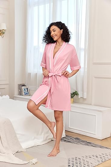 Women's Cotton Bathrobe - Short Sleeve with Pockets & Belt - Breathable Comfort - Lightweight - Pink - XL — image 2