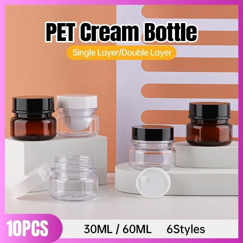 10pcs PET Plastic Cosmetic Bottles Refillable Travel Face Cream Containers - 60ml-Brown+White-Single โ image 2