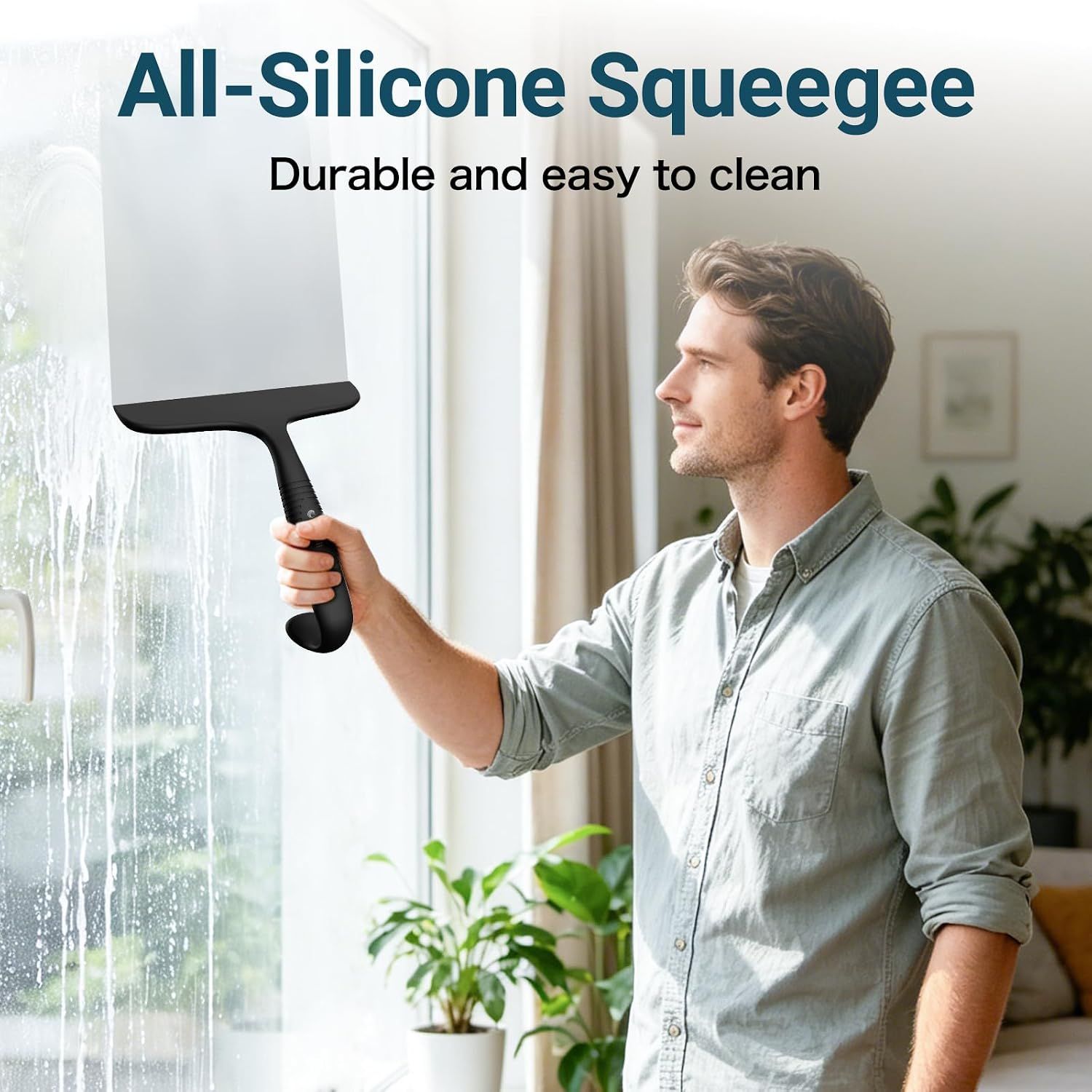 All-Silicone Shower Squeegee for Glass Doors, Streak-Free Window and Mirror Cleaner with Built-In Hook and Ergonomic Grip, Black, 24 cm — image 5