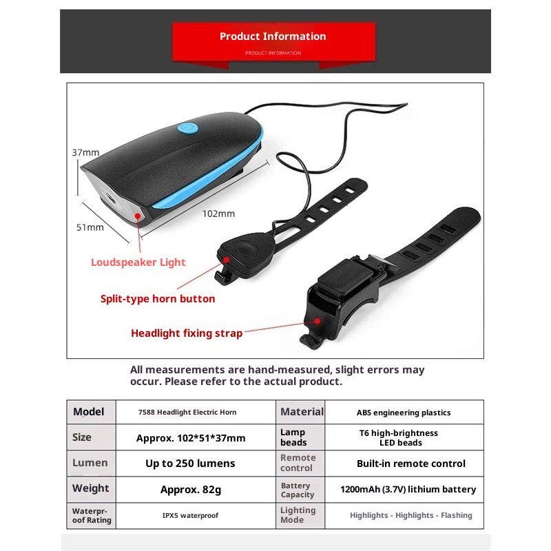 Bike Lights with Horn Set USB Rechargeable Bike Accessories for Kids Adults Waterproof Mountain, Night Riding(7588 horn headlights blue) — image 5