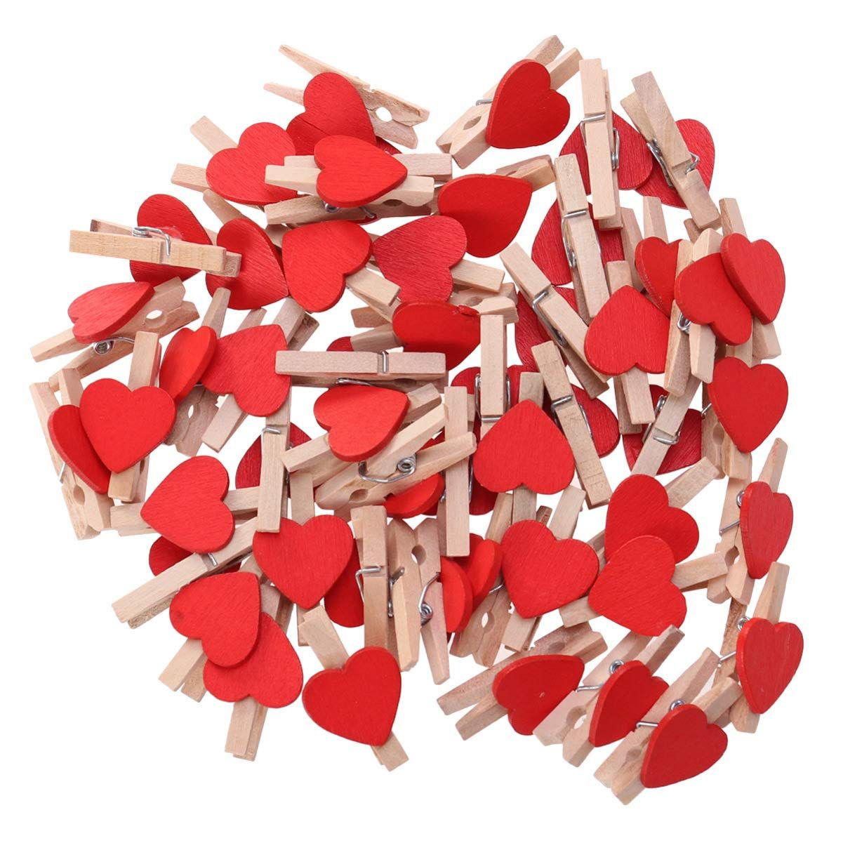 50pcs Mini Heart- Shaped Wooden Clips DIY Craft Clips Photo Paper Pegs for Photos Cards Paintings Scrapbookings Wedding (Red)