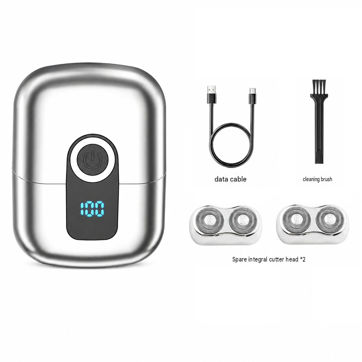 Silver Mini Portable Electric Shaver for Men and two set of spare integral blades - Floating Heads, IPX6 Waterproof Wet & Dry Use, LED Battery Display, Type-C